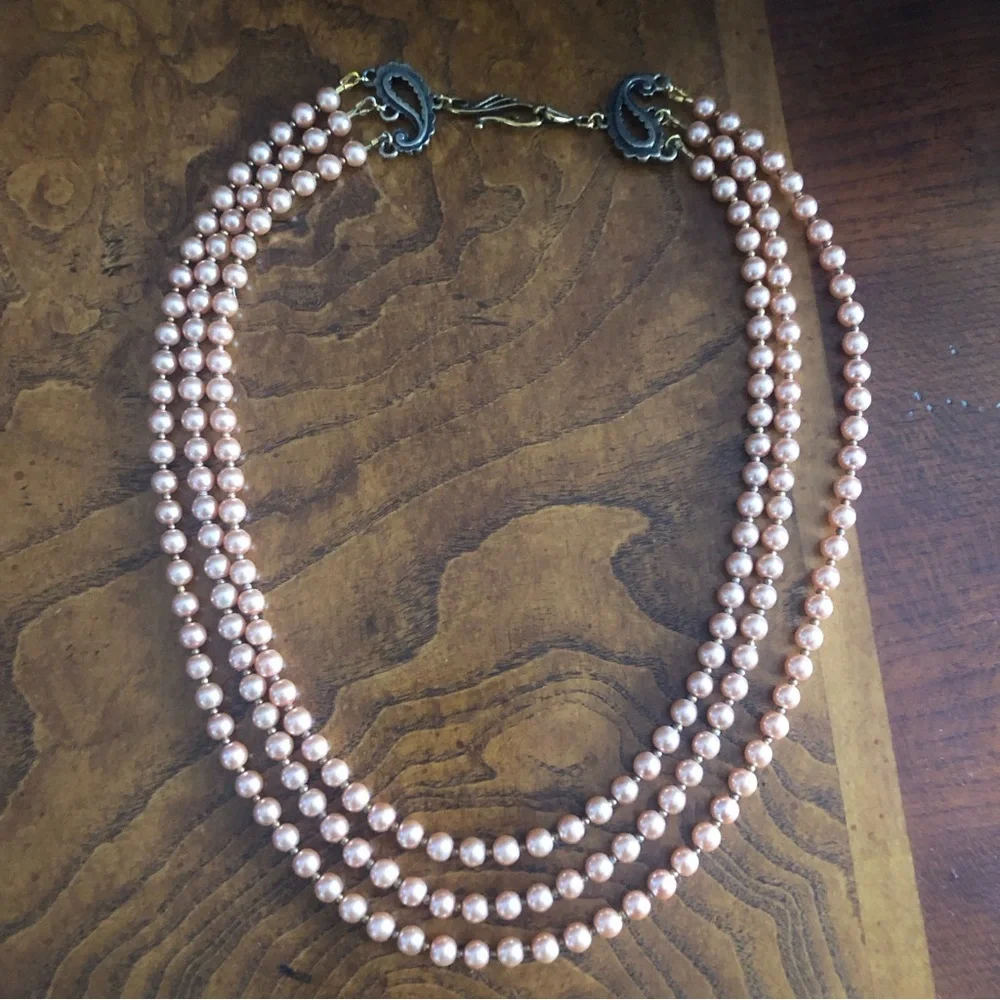 Handcrafted triple strand Czech glass Pearl paisley filigree clasp necklace